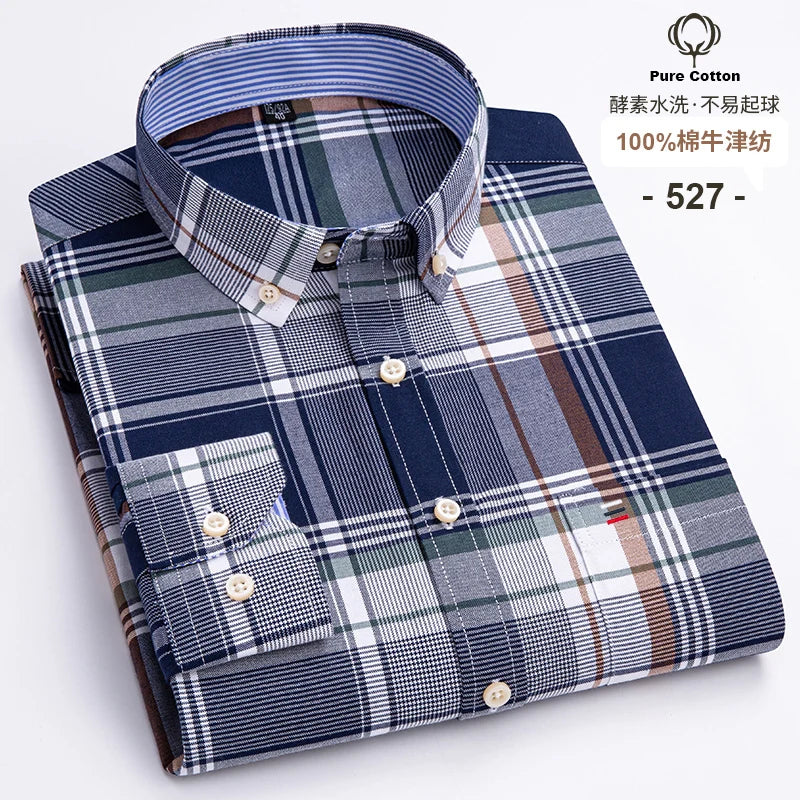 Camisa Hombre Oxford 100% Algodón - Manga Larga Rayas Bolsillo Formal Tallas Grandes