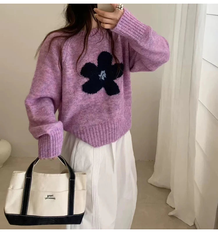 Jersey Mujer Invierno Flores Gris - Punto Holgado Cálido Vintage