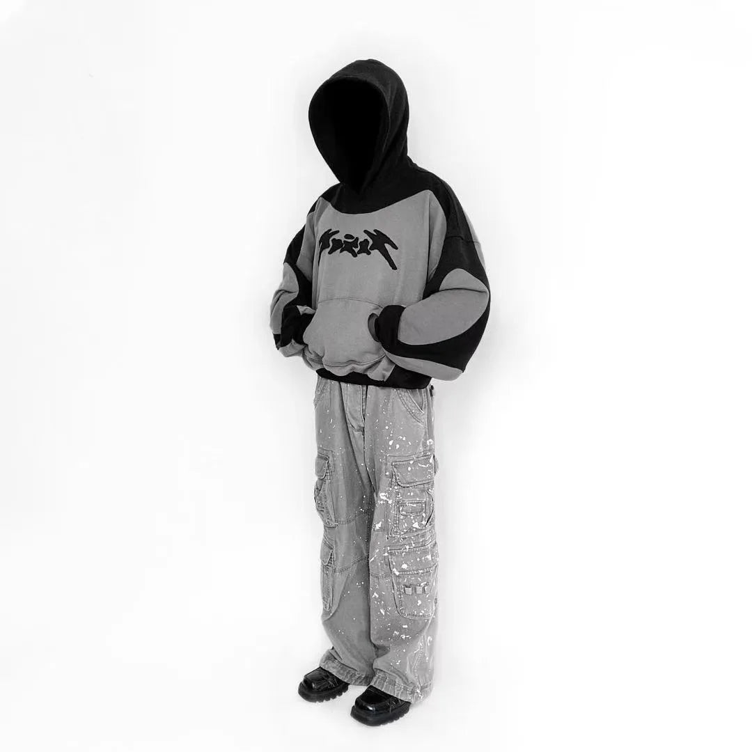 Sudadera Goth Harajuku Hombre - Hoodie Y2K Patrón Negro Gris Otoño