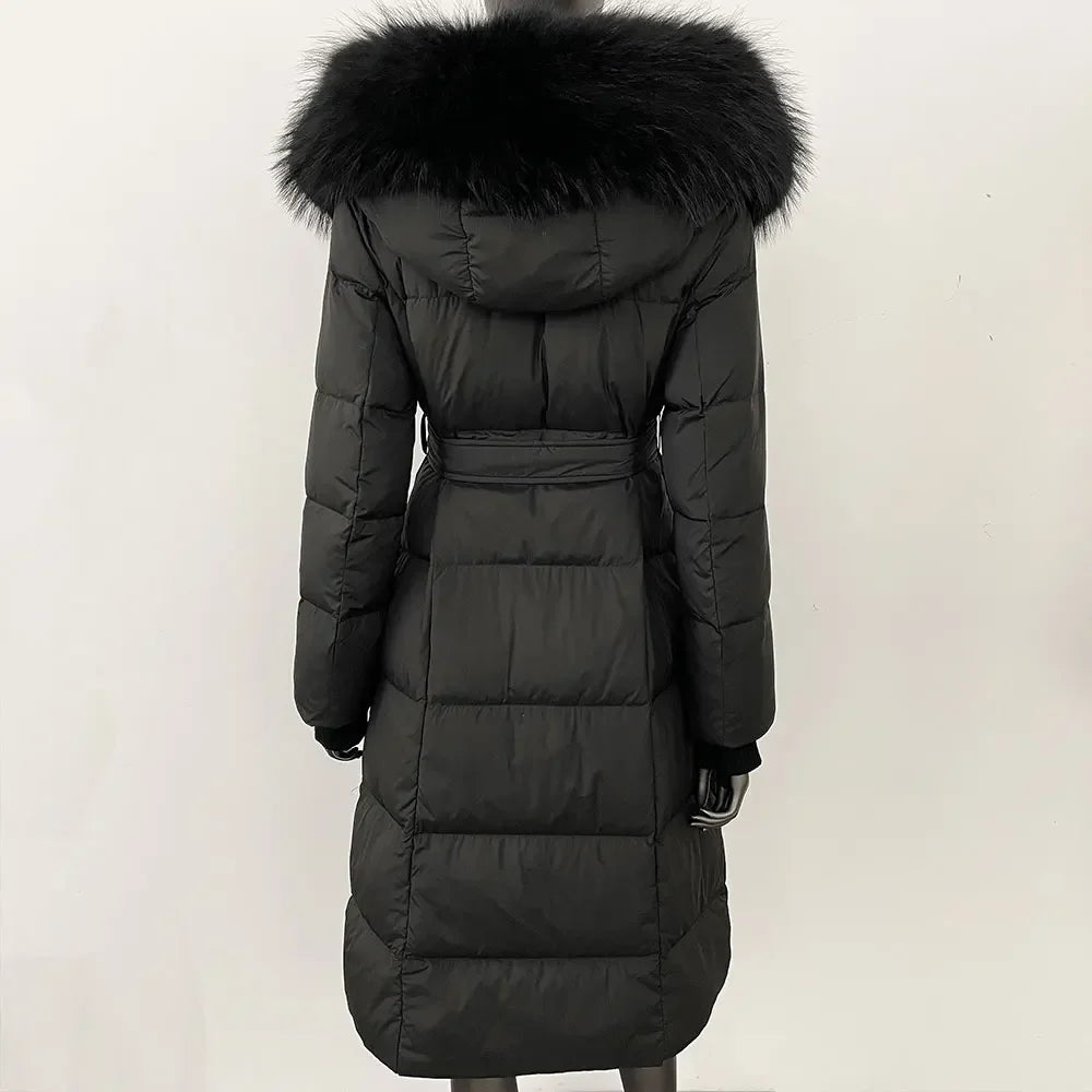 Abrigo Mujer Plumas Pato Piel Mapache - Chaqueta Larga Invierno Lujo