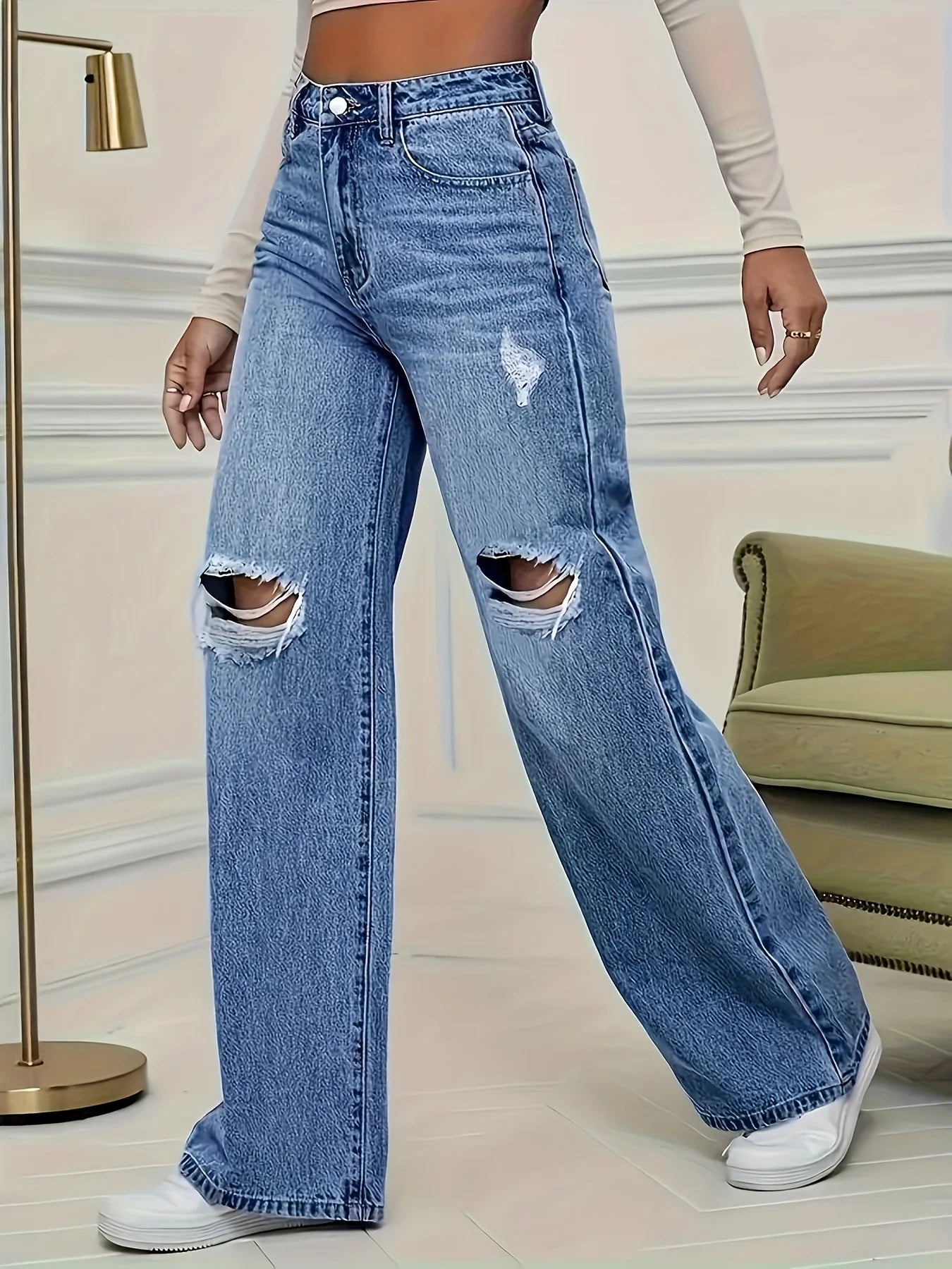 Vaqueros Mujer Pierna Recta Rotos - Jeans Cintura Alta Casual