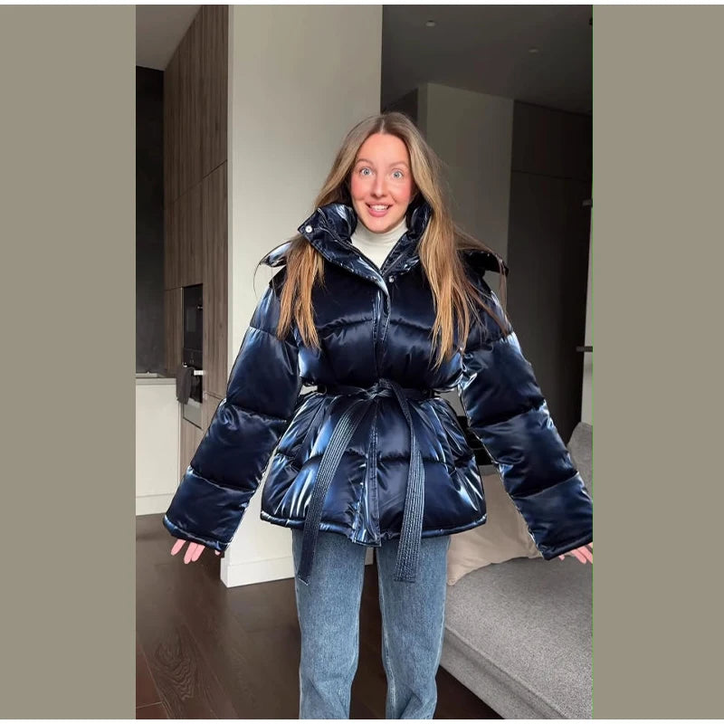 Abrigo Mujer Vintage Brillante - Abrigo Capucha Acolchado Cuello Alto 2025