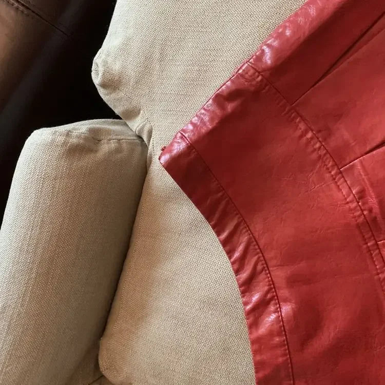 Falda Piel Plisada Mujer Mini - Falda Cuero PU Cintura Alta Roja Negra