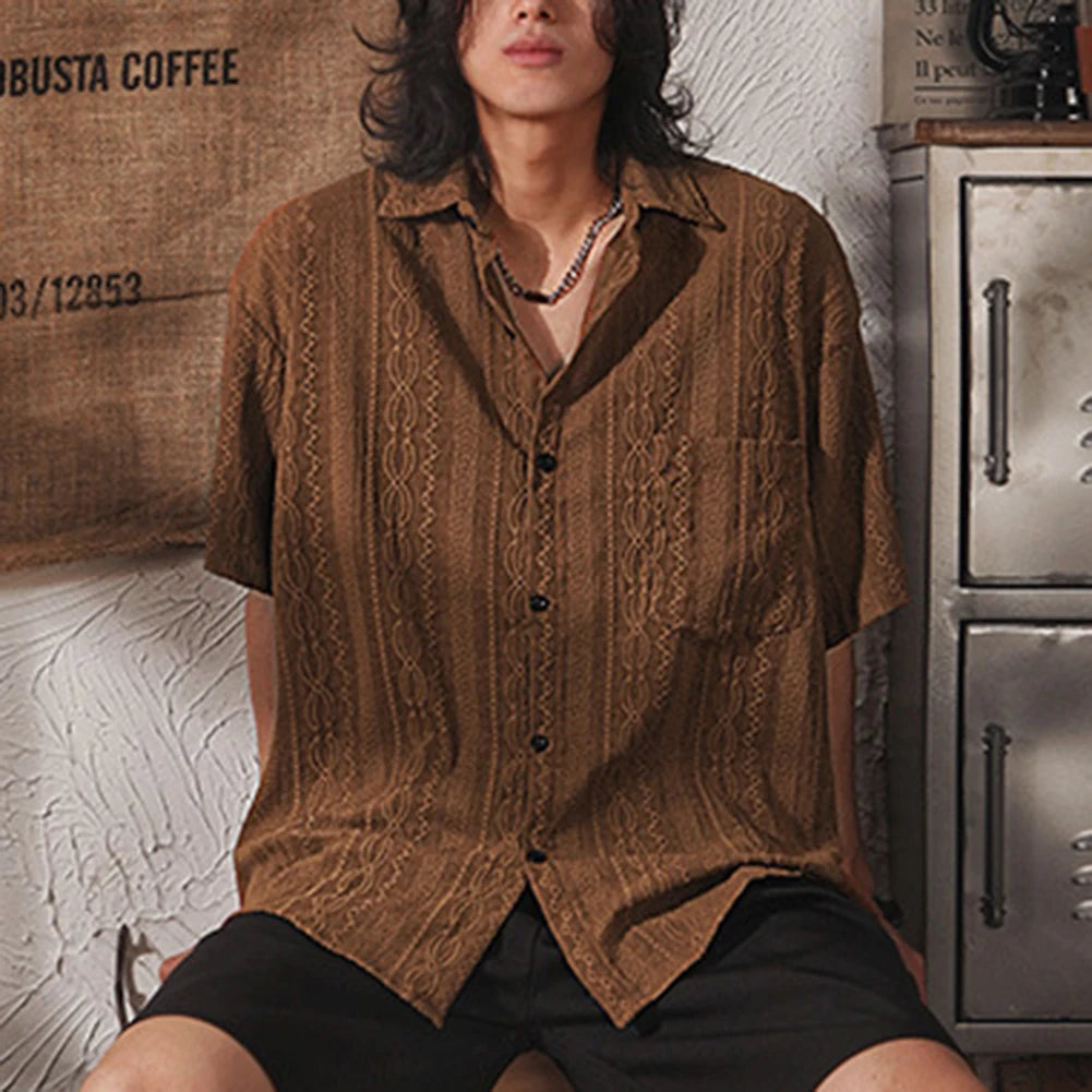 Camisa Hombre Casual Suelta Calada Manga Corta - Bolsillos Retro Fashion Vacaciones Diario