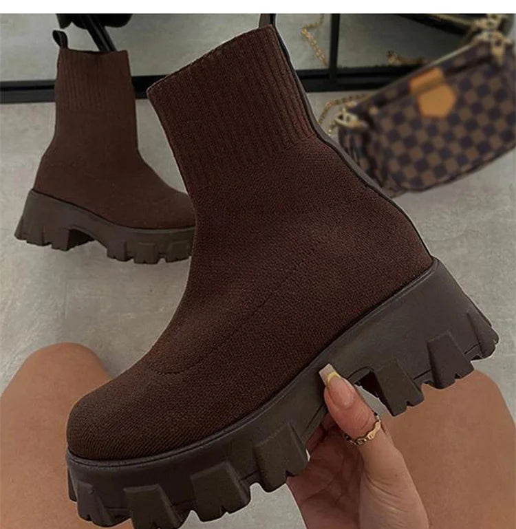 Botas Cortas Mujer Punto Plataforma - Tacón Otoño Invierno Blancas