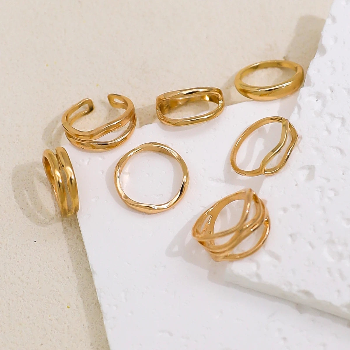 Set 7 Anillos Dorado Gruesos - Minimalistas Cruzados Apilables Mujer