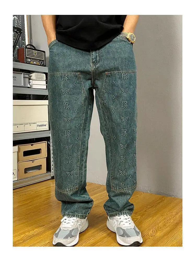 Vaqueros Workwear Hombre Bordados - Jeans Sueltos Rectos Retro Lavado Vintage Casuales
