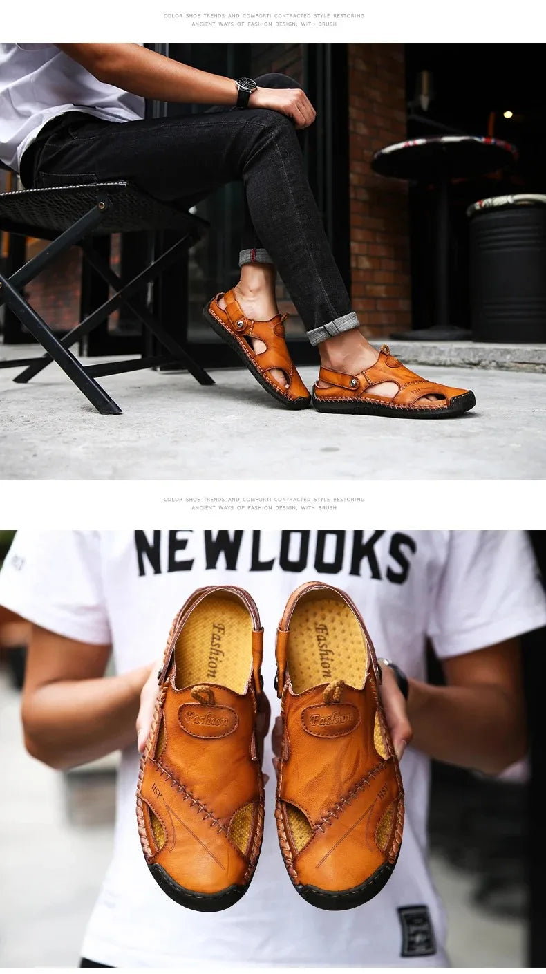 Sandalias Hombre Cuero Verano 2025 - Clásicas Romanas Outdoor Playa Chanclas Goma Trekking
