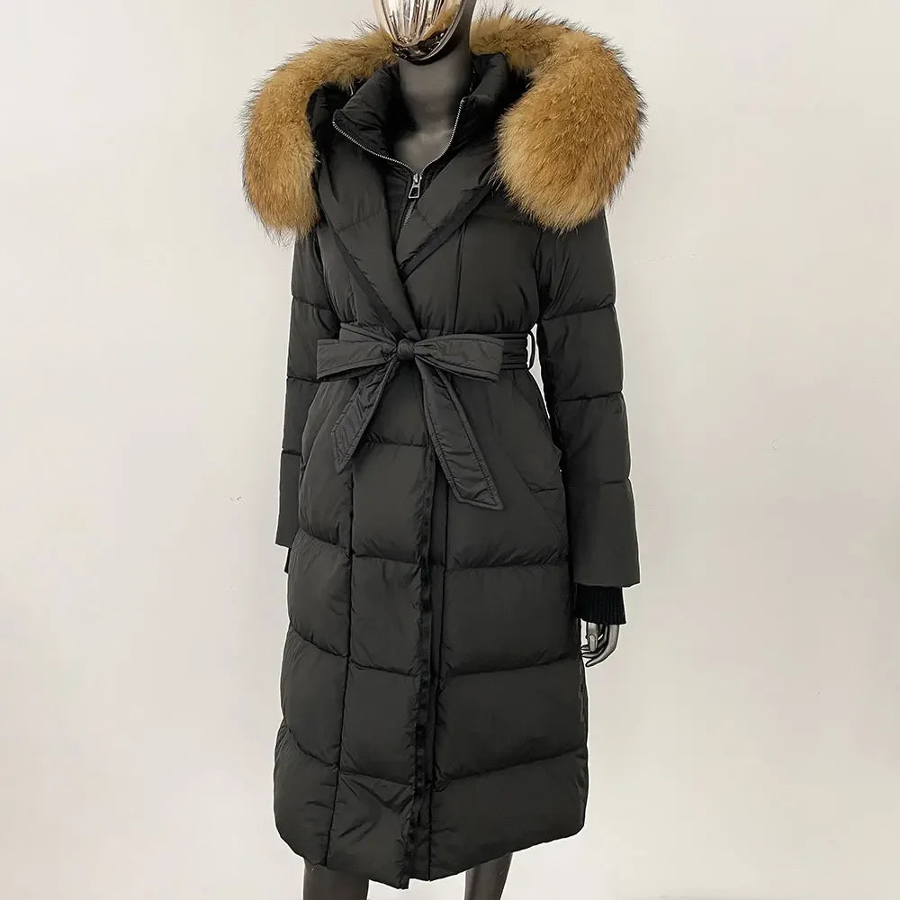 Abrigo Mujer Plumas Pato Piel Mapache - Chaqueta Larga Invierno Lujo