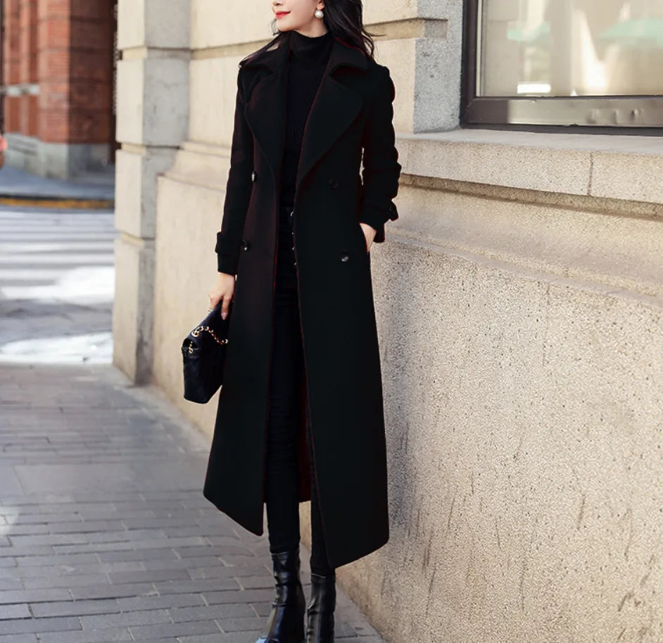 Abrigo Largo Mujer Estilo Coreano - Lana Invierno Negro