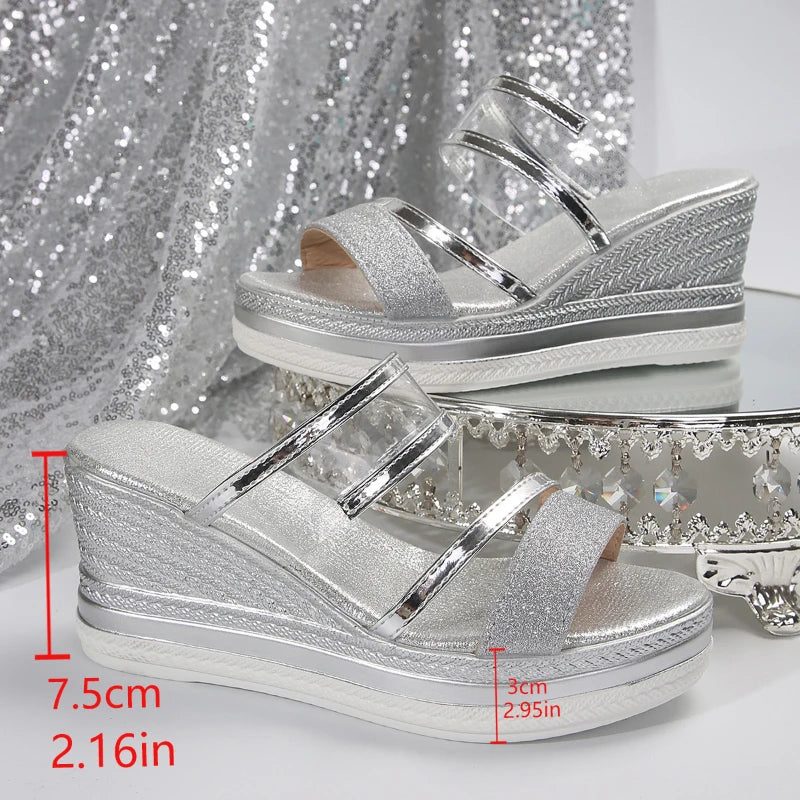 Sandalias Cuña Mujer Luxury Brillantes - Chanclas Plataforma Sexy Tacón Alto Playa