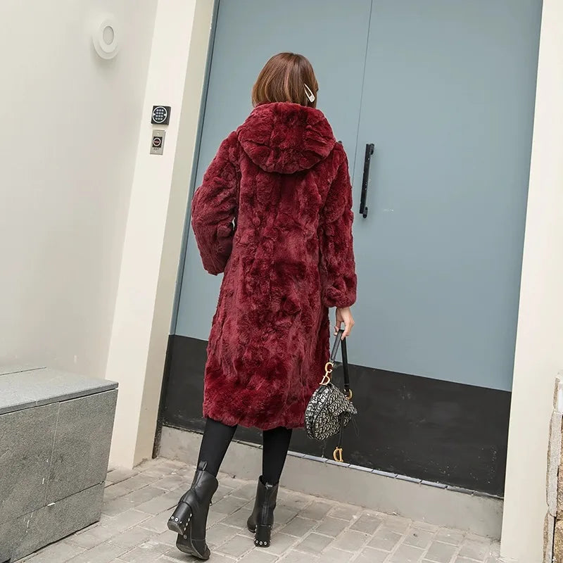 Abrigo Piel Conejo Mujer Capucha - Abrigo Real 110cm Largo Invierno