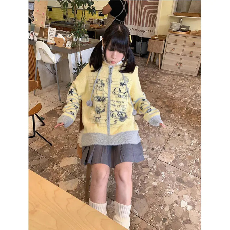 Cárdigan Mujer Vintage Graffiti Capucha - Oversized Invierno Punto Kawaii