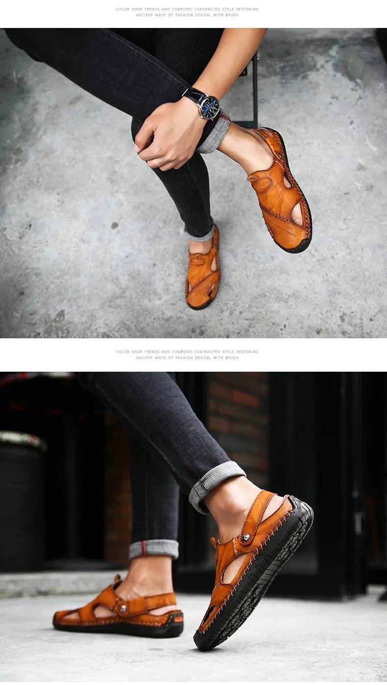 Sandalias Hombre Cuero Verano 2025 - Clásicas Romanas Outdoor Playa Chanclas Goma Trekking