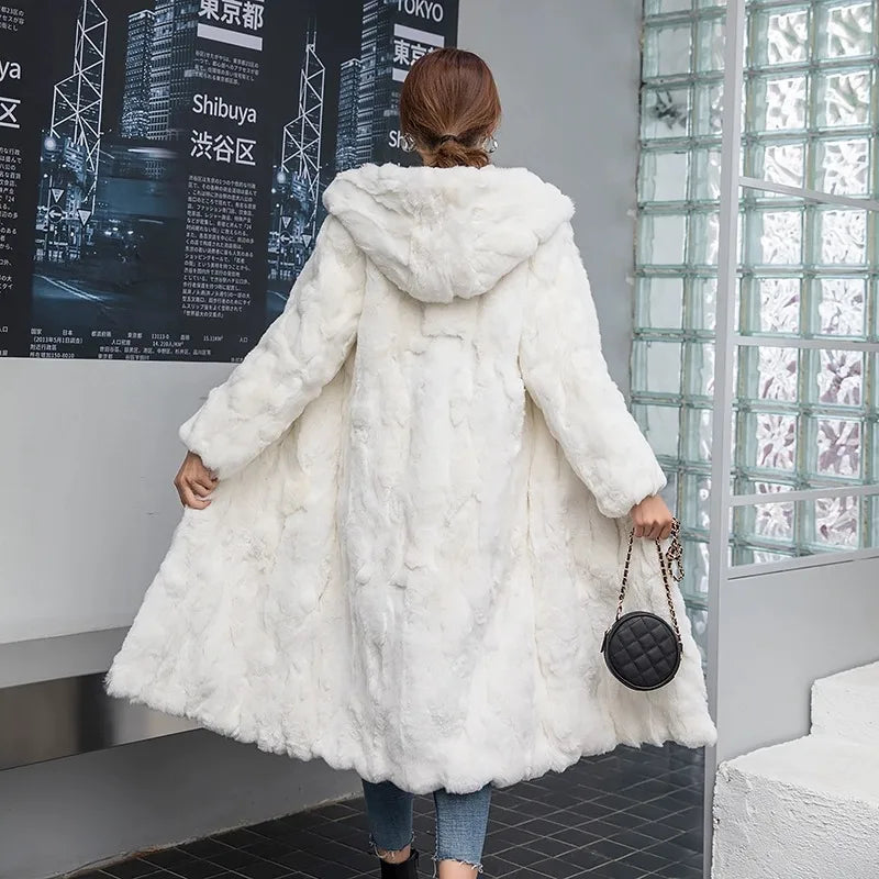 Abrigo Piel Conejo Mujer Capucha - Abrigo Real 110cm Largo Invierno