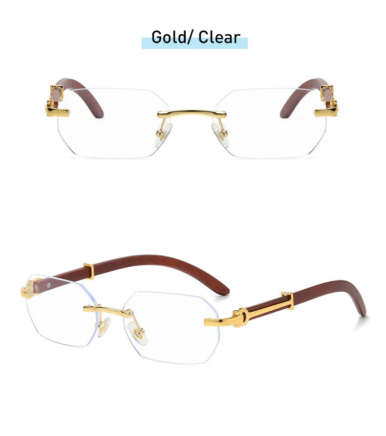 Gafas de Sol Retro Sin Montura Marco Madera - Rectangulares Vintage UV400