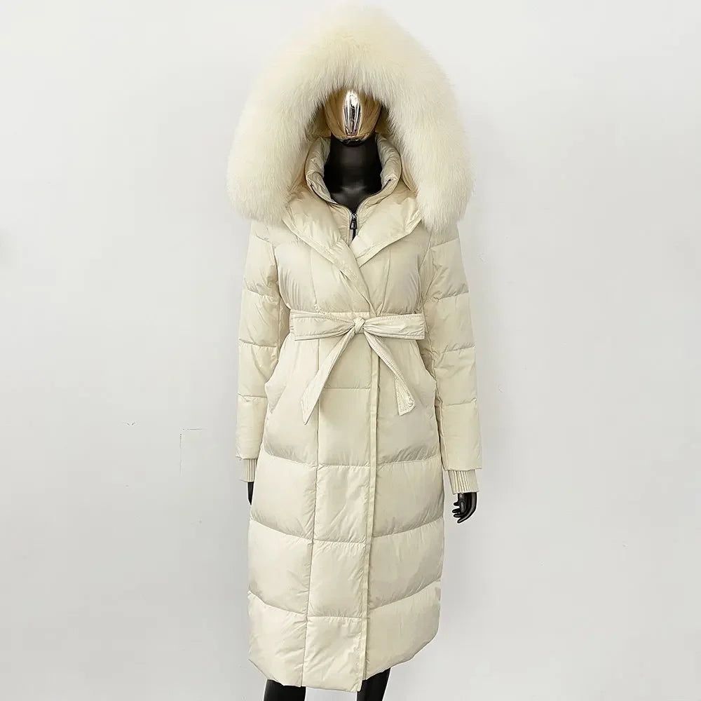 Abrigo Mujer Plumas Pato Piel Mapache - Chaqueta Larga Invierno Lujo