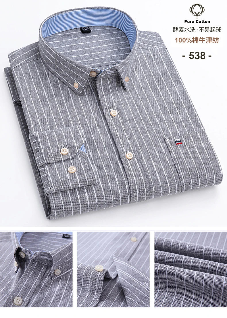 Camisa Hombre Oxford 100% Algodón - Manga Larga Rayas Bolsillo Formal Tallas Grandes