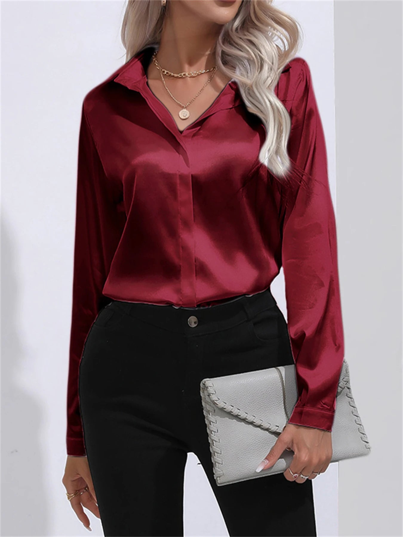 Camisa Satén Mujer Oficina - Blusa Cuello Botón Manga Larga
