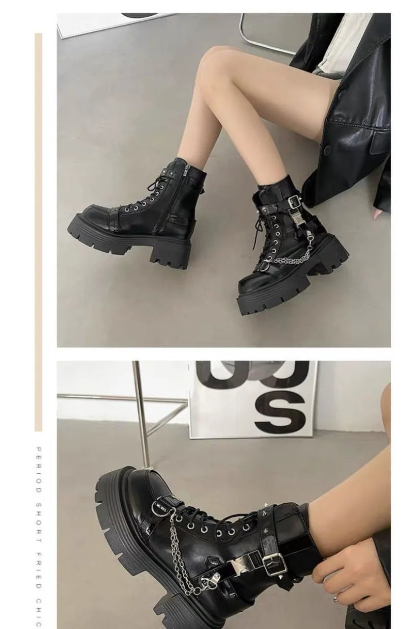 Botas Tobillo Mujer Gothic Plataforma - Diseñador Remaches Punk Motocicleta