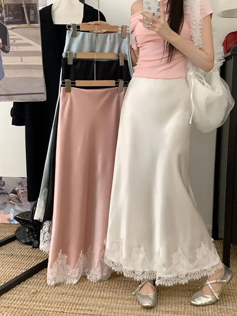 Falda Satén Mujer Larga Elegante - Falda Línea A Encaje Cintura Alta Verano