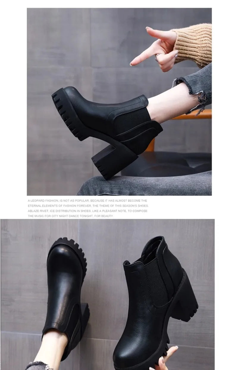 Botas Mujer Alta Calidad Casual - Suela Gruesa Tacón Alto Negro Trabajo