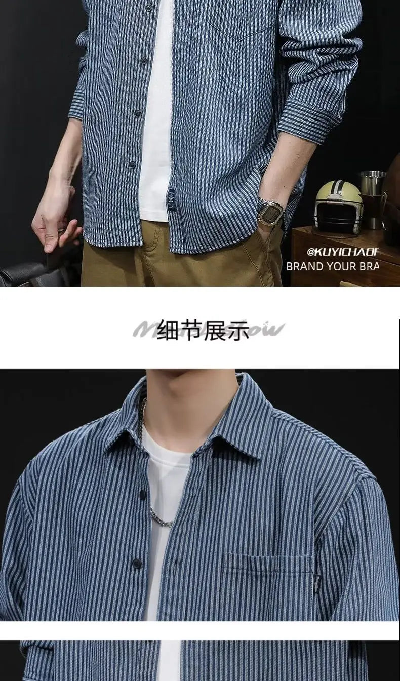 Camisa Denim Hombre Retro Trabajo - Casual Chaqueta Primavera Otoño Azul Manga Larga