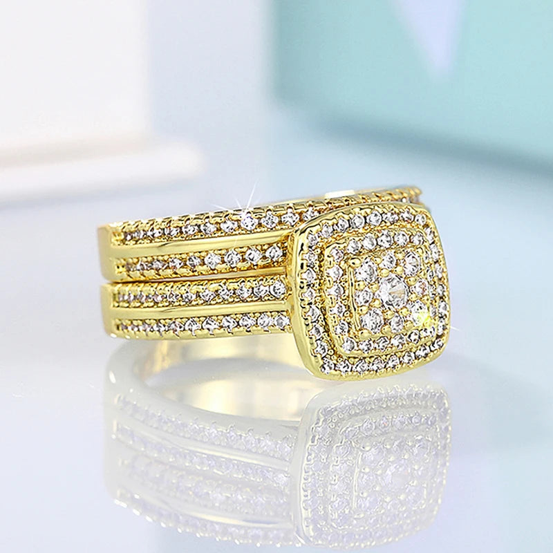 Set 2 Anillos Apilables Doble - Lujo Oro Circonita Compromiso Mujer