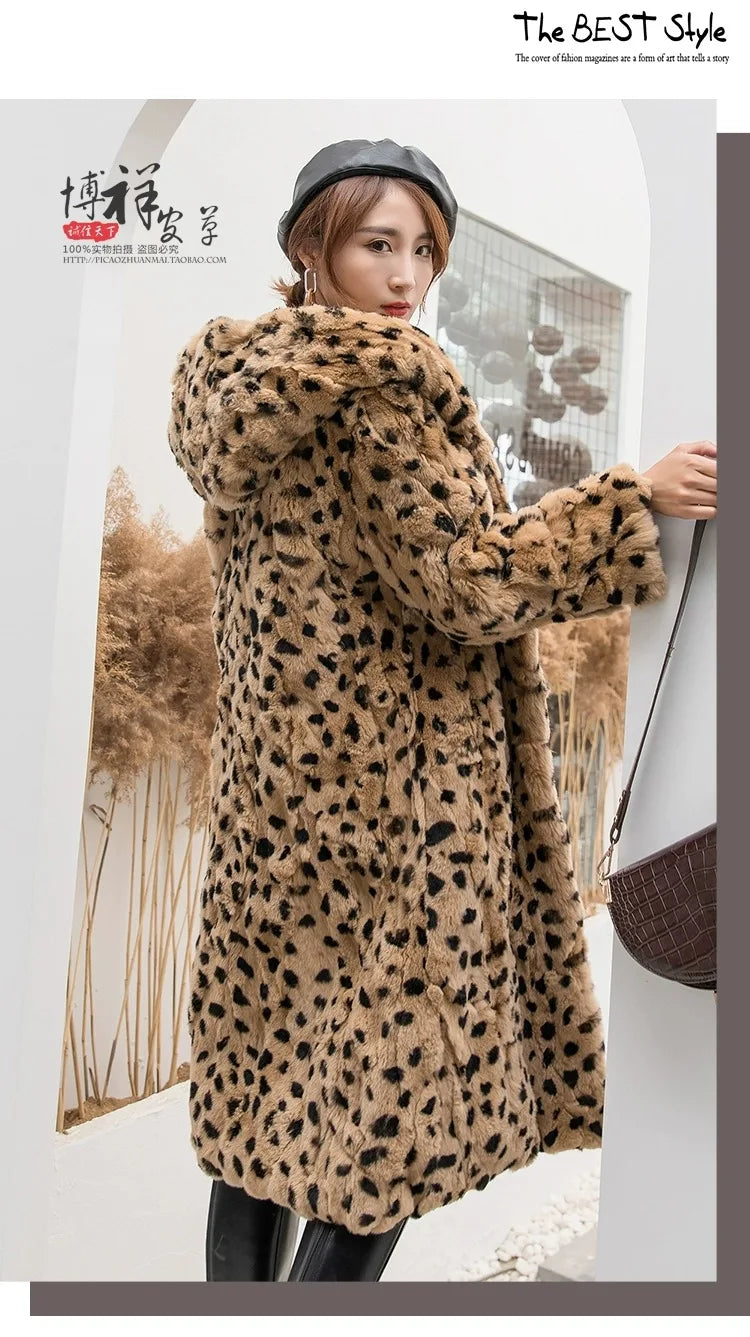 Abrigo Piel Conejo Mujer Capucha - Abrigo Real 110cm Largo Invierno