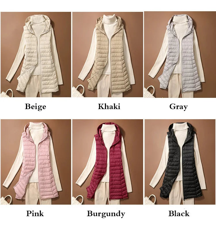 Chaleco Mujer Plumas Pato Ligero - Chaqueta Larga Capucha Slim Otoño