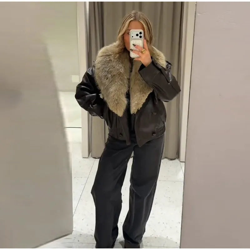 Chaqueta Mujer Elegante PU Piel - Chaqueta Solapa Doble Botón 2025