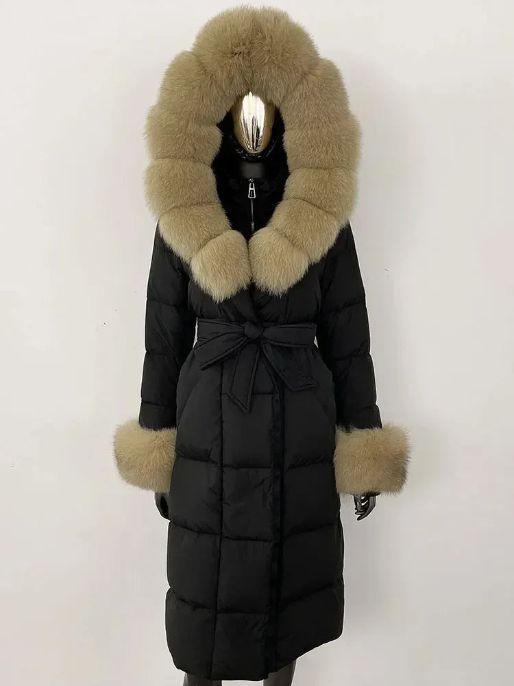 Abrigo Mujer Plumas Pato Piel Mapache - Chaqueta Larga Invierno Lujo
