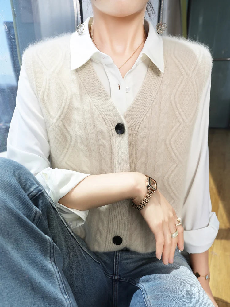 Chaleco Mujer Cashmere Cuello V - 100% Lana Merino Otoño Invierno Casual