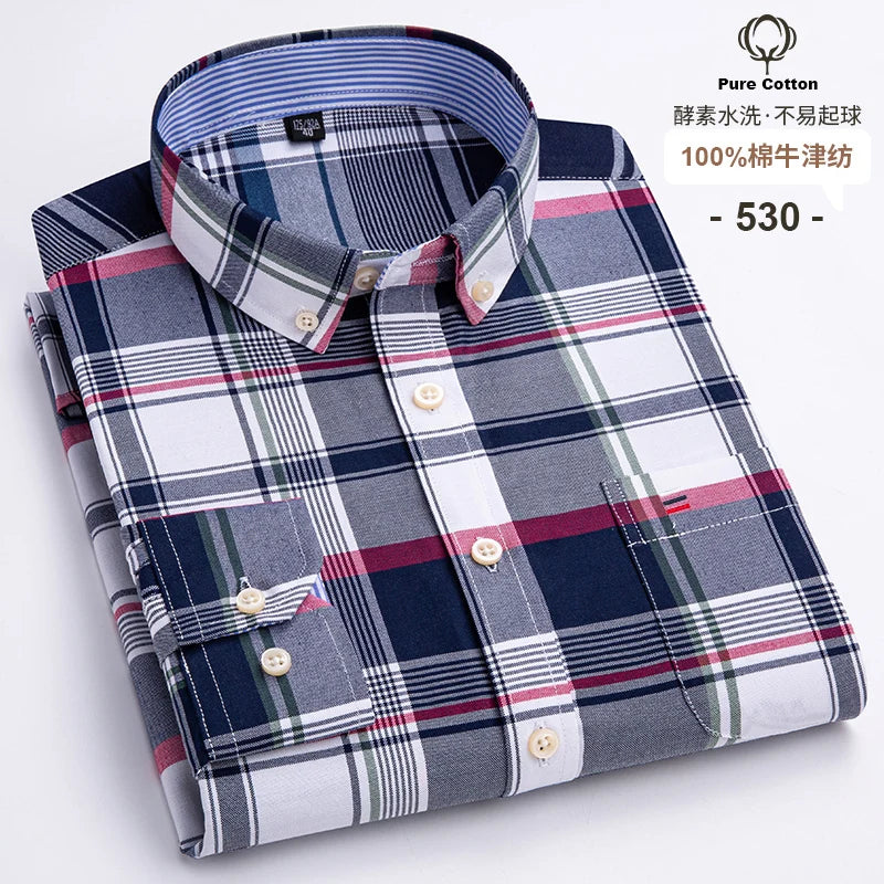 Camisa Hombre Oxford 100% Algodón - Manga Larga Rayas Bolsillo Formal Tallas Grandes