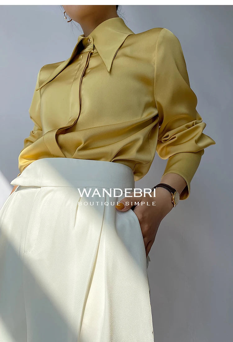 Camisa Satén Seda Mujer Vintage - Blusa Blanca Manga Larga Elegante