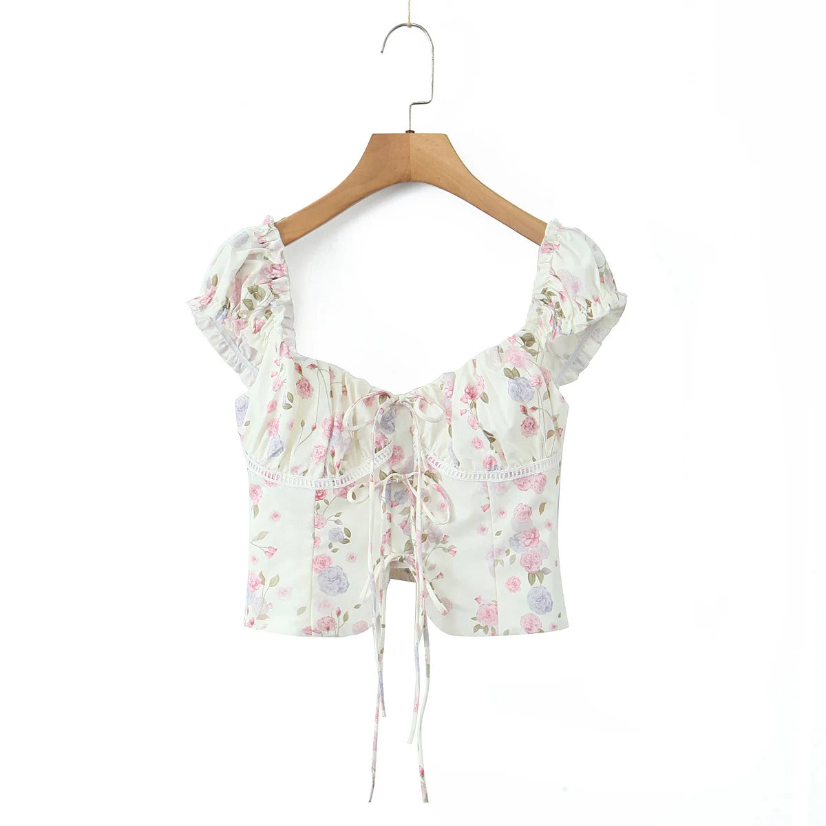 Top Crop Mujer Francés Floral - Top Cordones Cuello V Manga Corta Verano