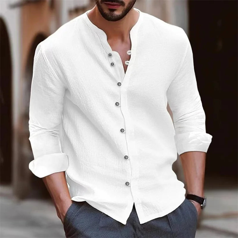 Camisa Hombre Cuello Mao - Slim Fit Color Sólido Casual Outdoor
