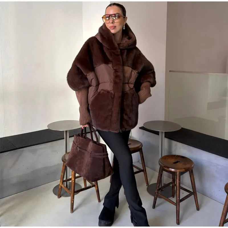 Abrigo Mujer Capucha Patchwork - Abrigo Manga Tejida Oversize 2025