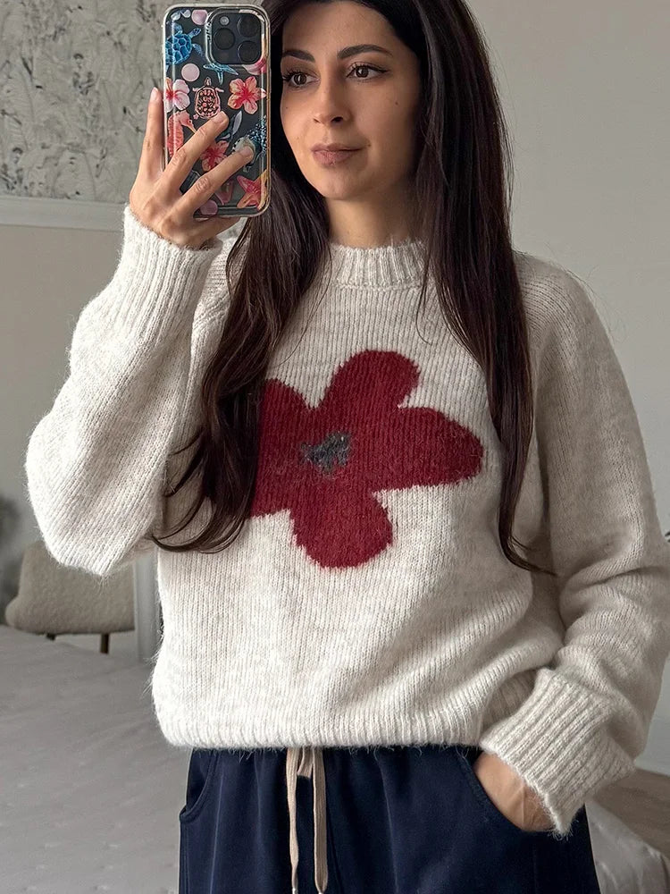 Jersey Mujer Invierno Flores Gris - Punto Holgado Cálido Vintage