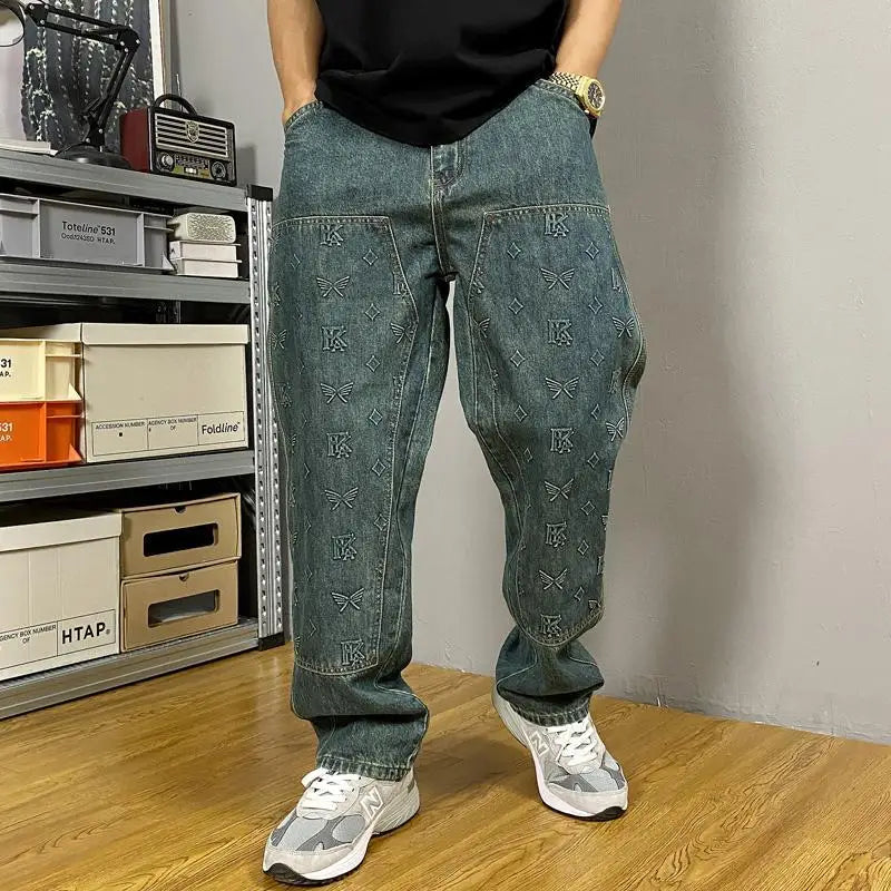 Vaqueros Workwear Hombre Bordados - Jeans Sueltos Rectos Retro Lavado Vintage Casuales