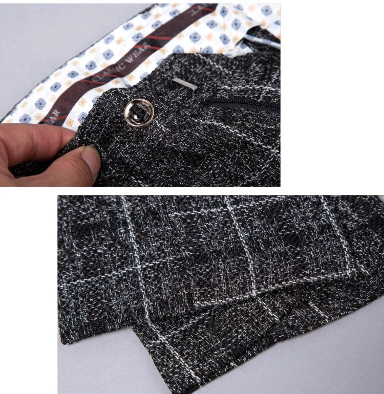 Traje Hombre Formal Novio 3 Piezas - Blazer Chaleco Pantalones Suit Fashion Business Boda Cuadros Algodón Lino