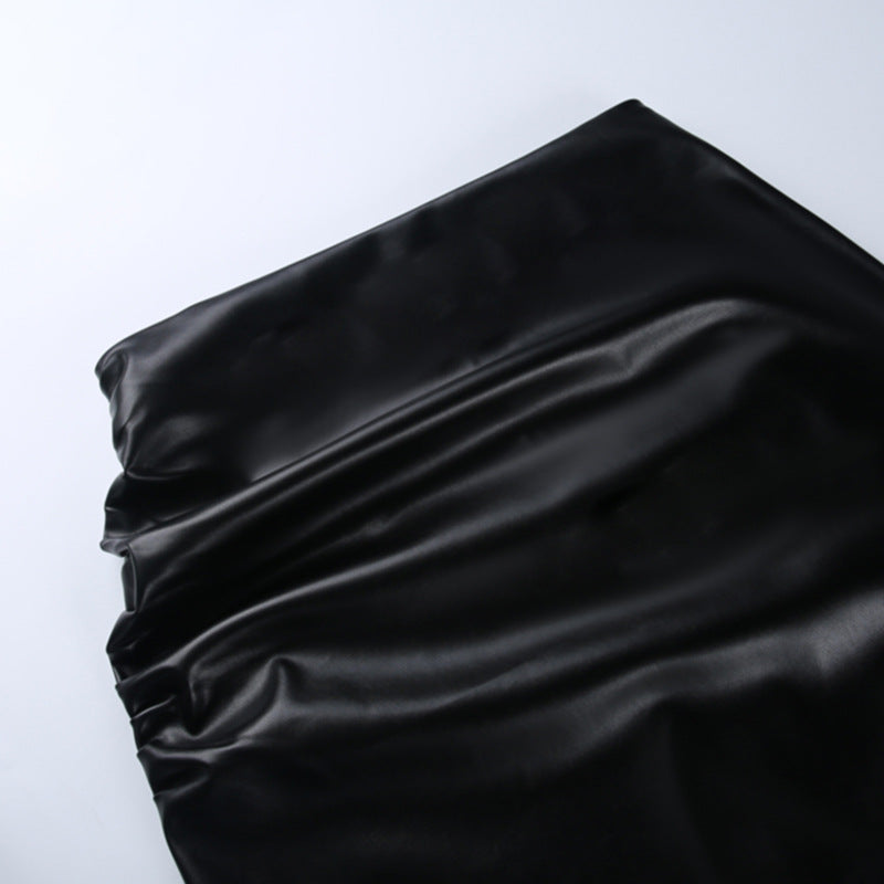Falda Piel Mujer Elegante Oficina - Falda Cuero PU Midi Fruncida Negra Otoño