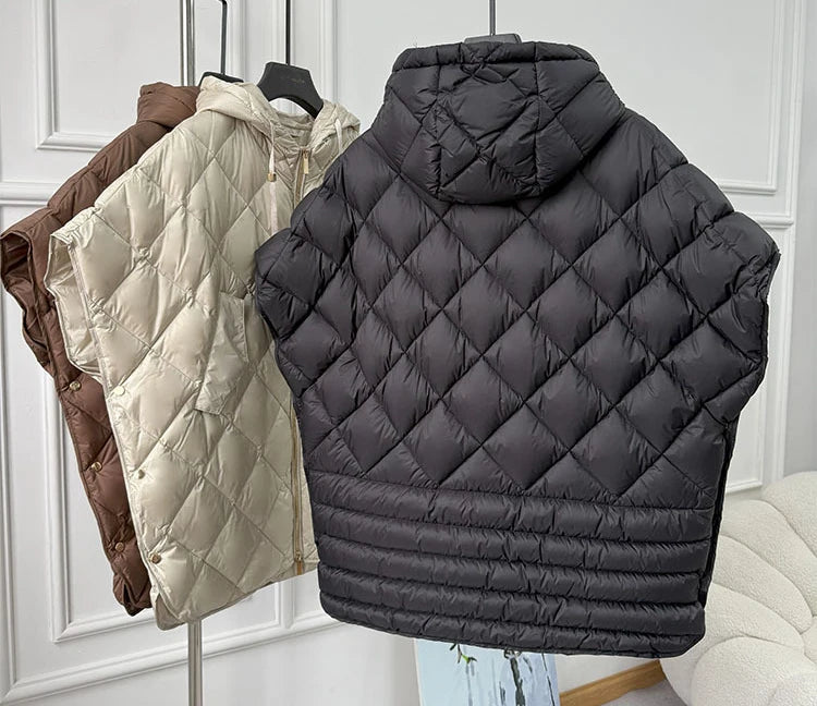 Chaleco Mujer Plumas Pato Capucha 2025 - Chaqueta Sin Mangas Irregular