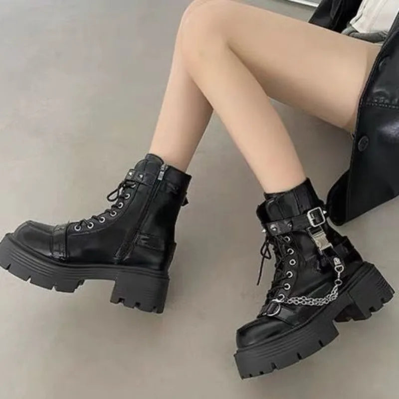 Botas Tobillo Mujer Gothic Plataforma - Diseñador Remaches Punk Motocicleta