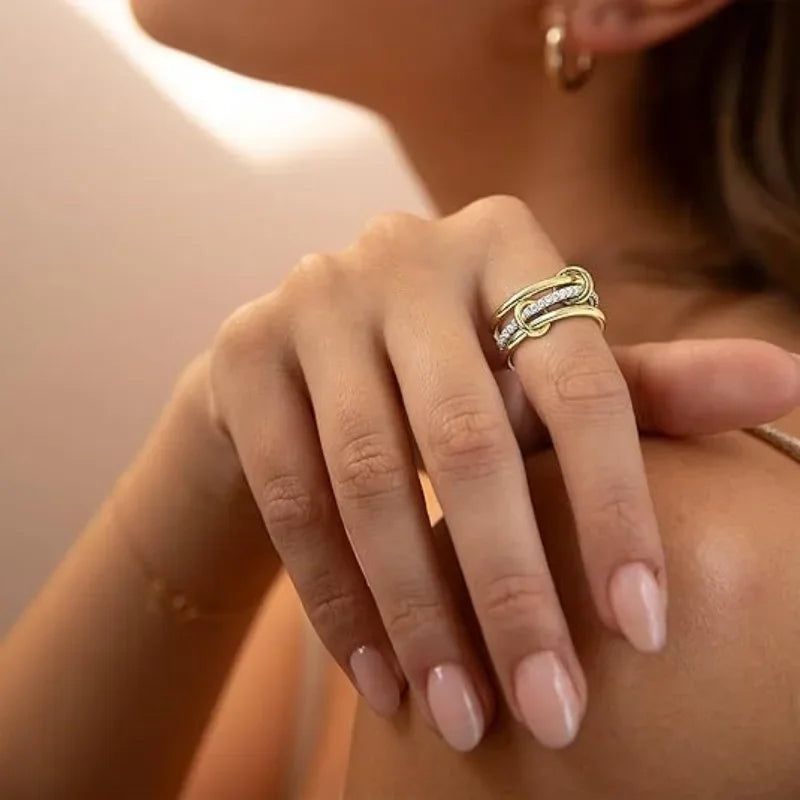 Set Anillos Doble Color Tres Aros - Acero Inoxidable Circonita Apilables