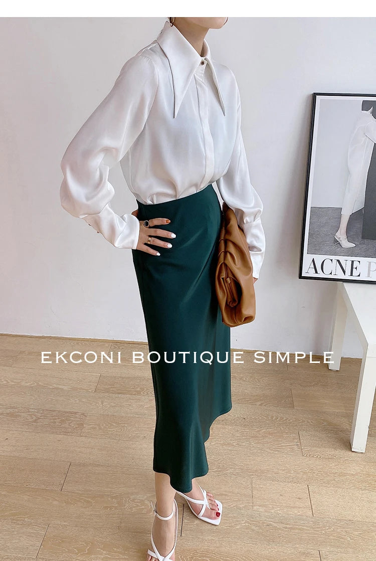 Camisa Satén Seda Mujer Vintage - Blusa Blanca Manga Larga Elegante