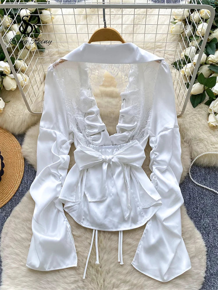 Blusa Mujer Sexy Encaje 2025 - Camisa Satén Cuello V Espalda Descubierta