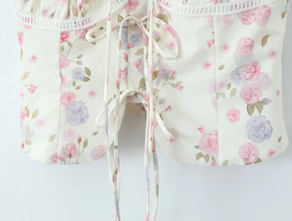 Top Crop Mujer Francés Floral - Top Cordones Cuello V Manga Corta Verano