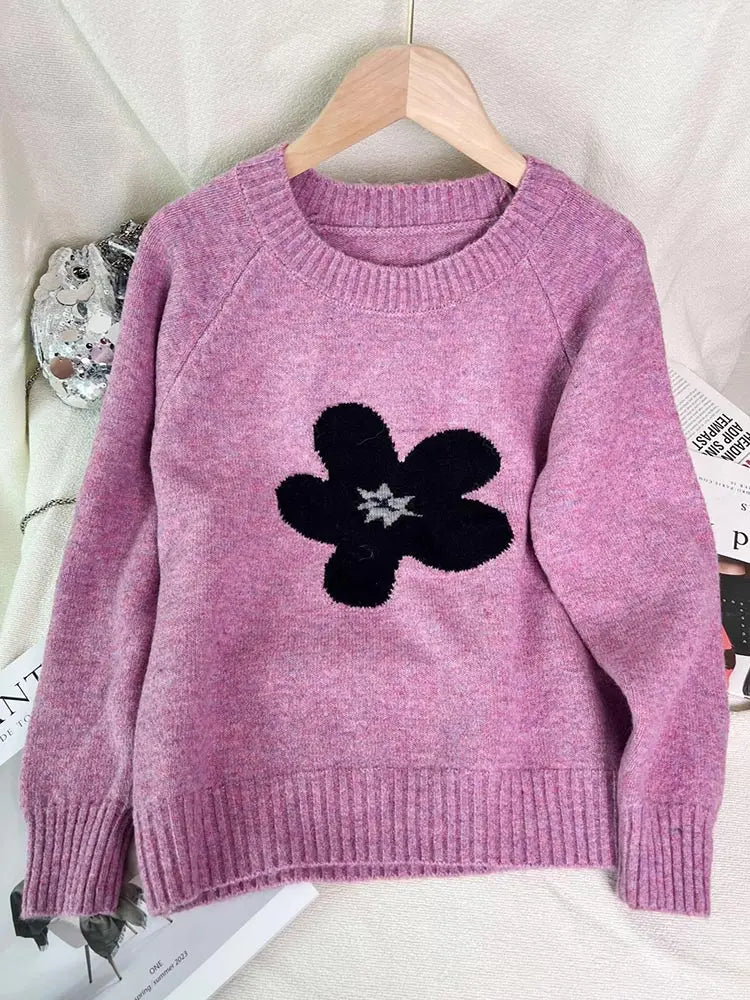 Jersey Mujer Invierno Flores Gris - Punto Holgado Cálido Vintage