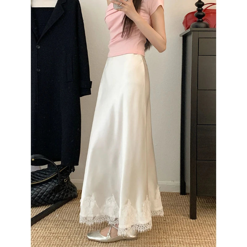 Falda Satén Mujer Larga Elegante - Falda Línea A Encaje Cintura Alta Verano